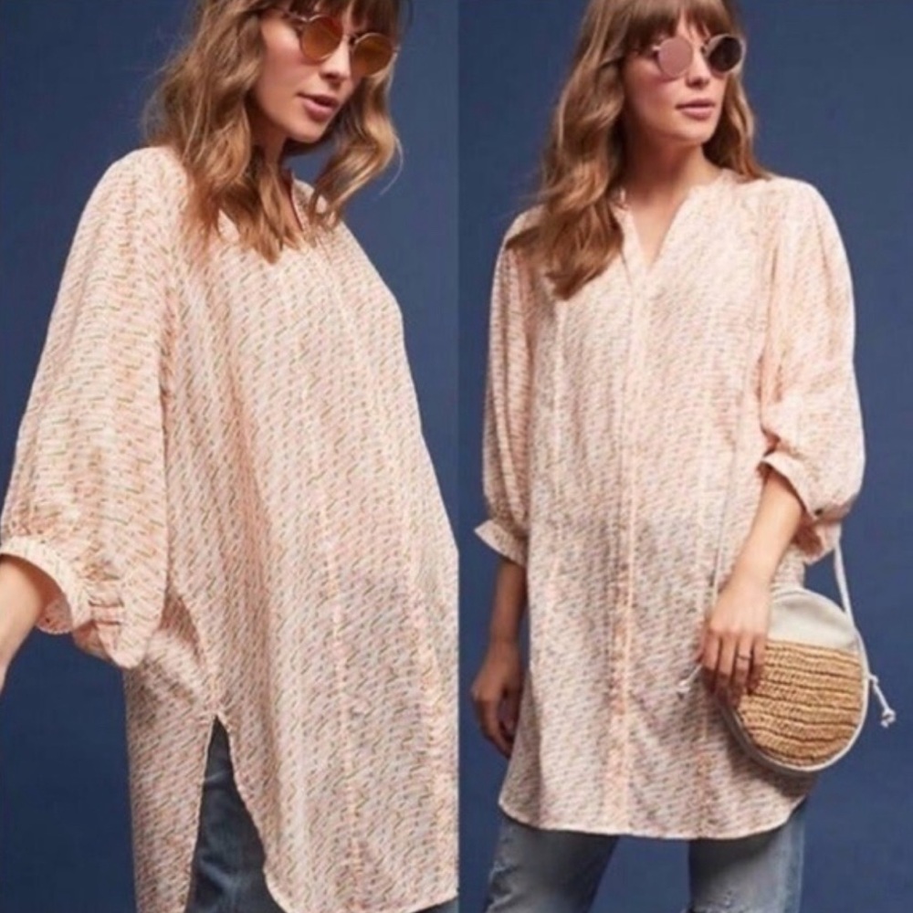 Anthropologie Maeve Lena Yarn Dyed Tunic Button Front Oversize Top Blouse
